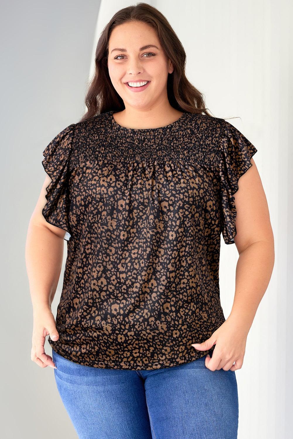 Delightful Plus Size Printed Butterfly Sleeve Smocked Blouse - MXSTUDIO.COM