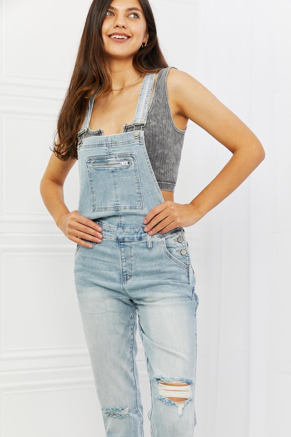 Distressed Straight Leg Plus Size Denim Overalls - MXSTUDIO.COM