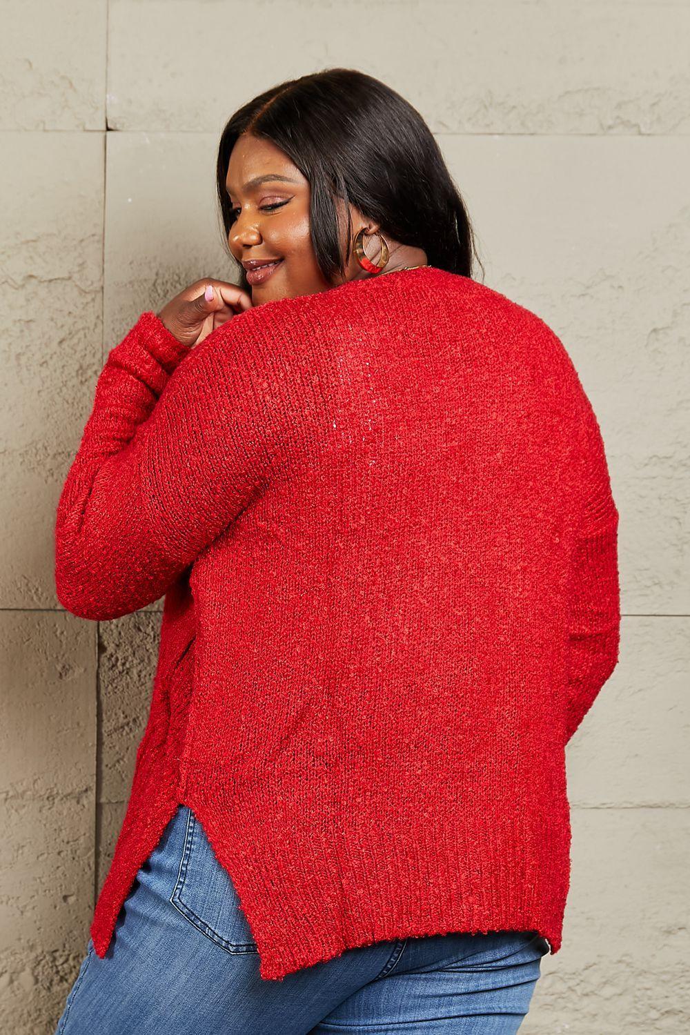 Draped Detail Knit Women's Plus Size Red Sweater - MXSTUDIO.COM