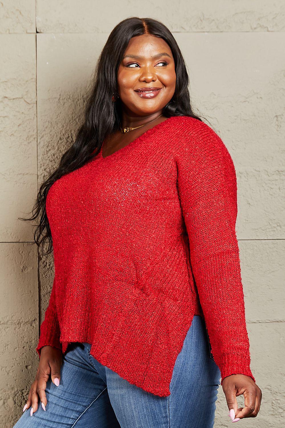 Draped Detail Knit Women's Plus Size Red Sweater - MXSTUDIO.COM