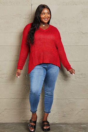 Draped Detail Knit Women's Plus Size Red Sweater - MXSTUDIO.COM