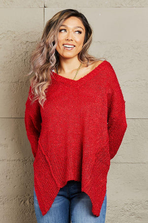 Draped Detail Knit Women's Plus Size Red Sweater - MXSTUDIO.COM