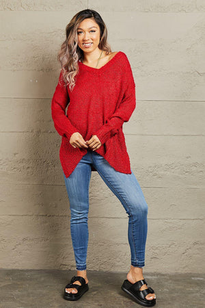 Draped Detail Knit Women's Plus Size Red Sweater - MXSTUDIO.COM