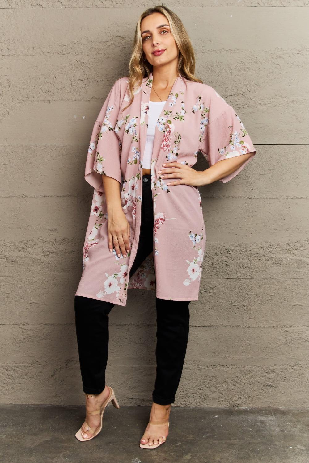 Drapes Gracefully Open Front Floral Kimono - MXSTUDIO.COM