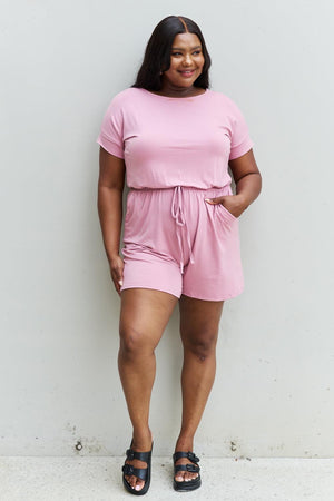 Drawstring Waist Plus Size Pink Romper - MXSTUDIO.COM