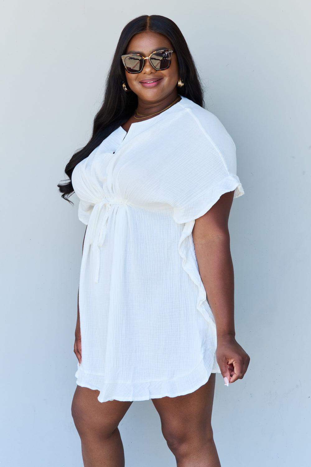 Drawstring Waist Plus Size Ruffle Hem White Dress - MXSTUDIO.COM