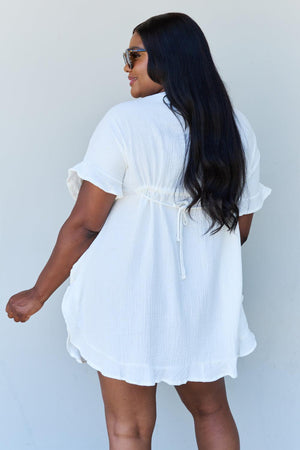 Drawstring Waist Plus Size Ruffle Hem White Dress - MXSTUDIO.COM