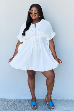 Drawstring Waist Plus Size Ruffle Hem White Dress - MXSTUDIO.COM