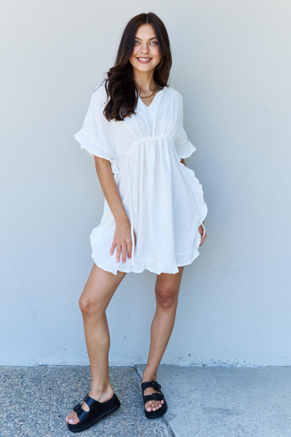 Drawstring Waist Plus Size Ruffle Hem White Dress - MXSTUDIO.COM