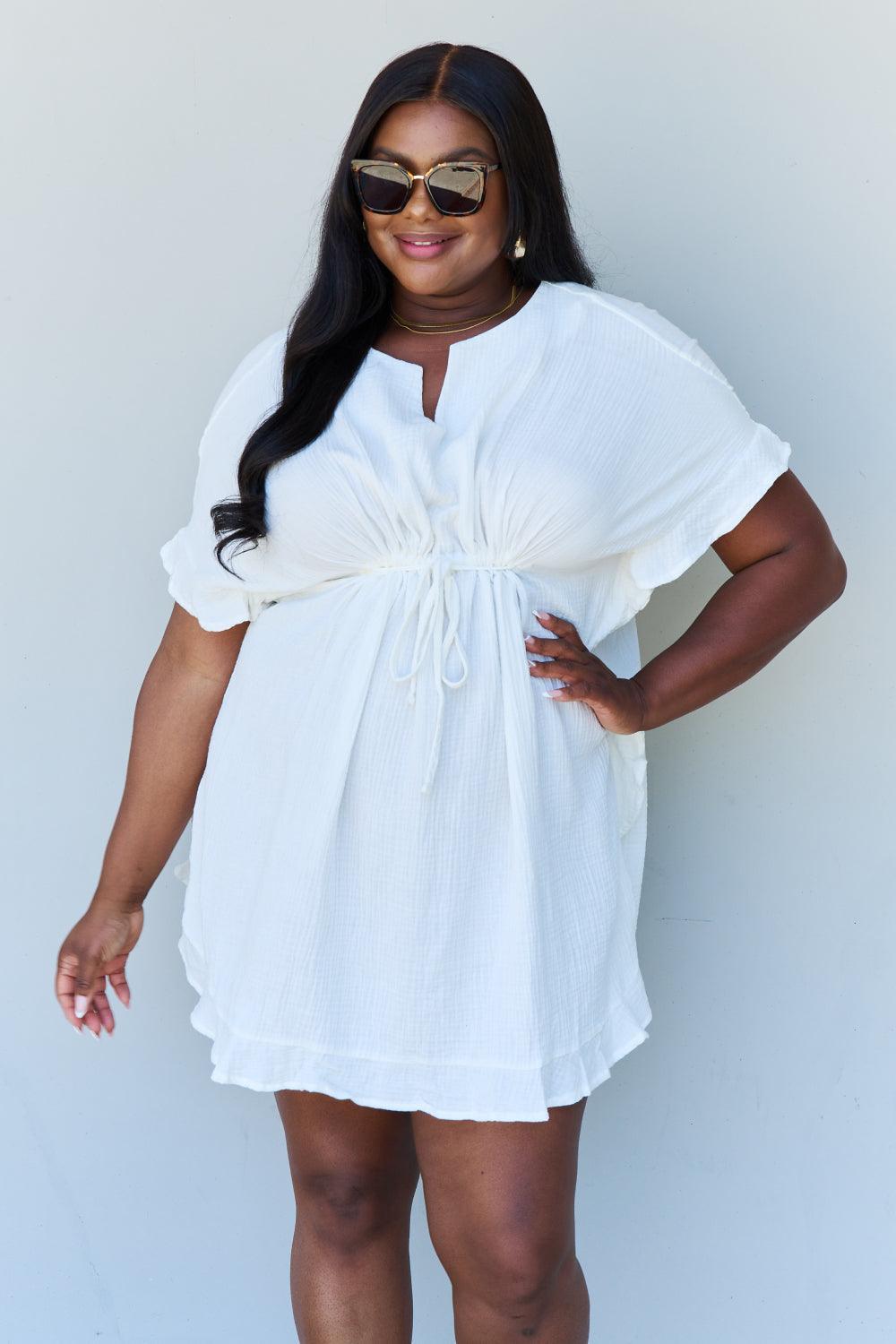 Drawstring Waist Plus Size Ruffle Hem White Dress - MXSTUDIO.COM