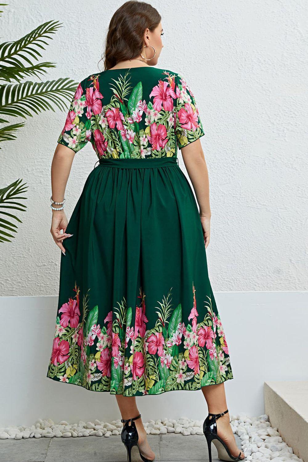 Dreamy Floral Round Neck Plus Size Tie Waist Midi Dress - MXSTUDIO.COM