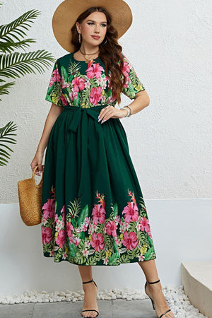 Dreamy Floral Round Neck Plus Size Tie Waist Midi Dress - MXSTUDIO.COM