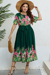 Dreamy Floral Round Neck Plus Size Tie Waist Midi Dress - MXSTUDIO.COM