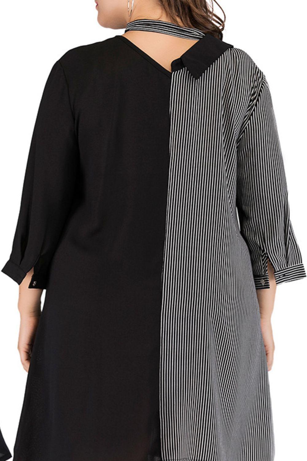 Dual Tone Plus Size Tie-Neck Mini Dress - MXSTUDIO.COM