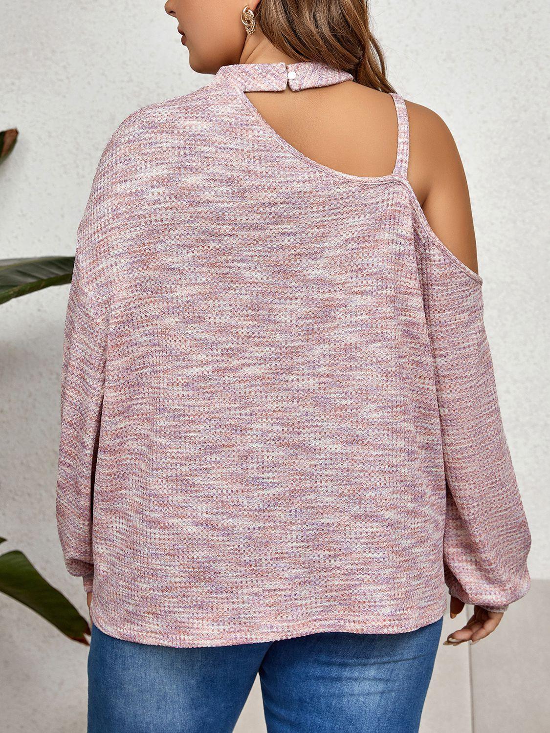 Dusty Pink Cutout Shoulder Plus Size Long Sleeve Blouse - MXSTUDIO.COM