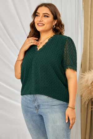 Ease Up Swiss Dot V Neck Plus Size Blouse - MXSTUDIO.COM