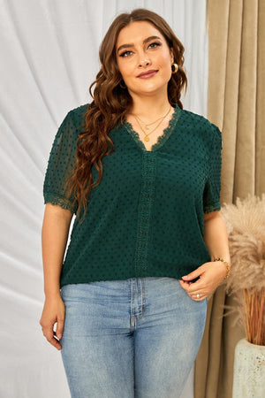 Ease Up Swiss Dot V Neck Plus Size Blouse - MXSTUDIO.COM