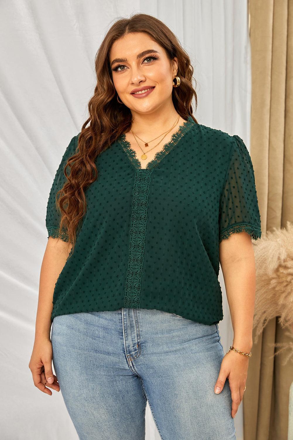 Ease Up Swiss Dot V Neck Plus Size Blouse - MXSTUDIO.COM