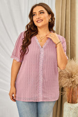 Ease Up Swiss Dot V Neck Plus Size Blouse - MXSTUDIO.COM