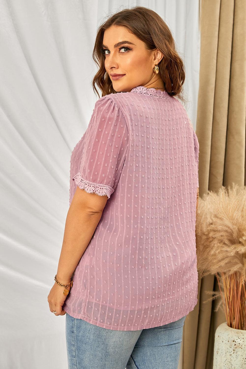 Ease Up Swiss Dot V Neck Plus Size Blouse - MXSTUDIO.COM