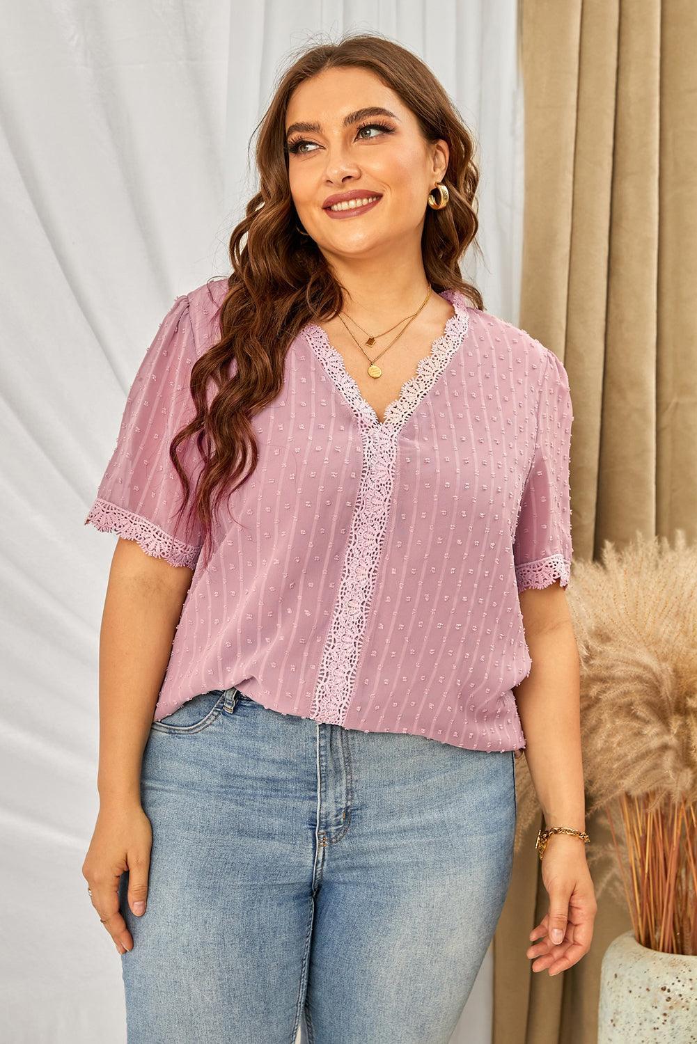 Ease Up Swiss Dot V Neck Plus Size Blouse - MXSTUDIO.COM