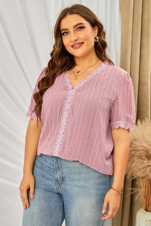 Ease Up Swiss Dot V Neck Plus Size Blouse - MXSTUDIO.COM