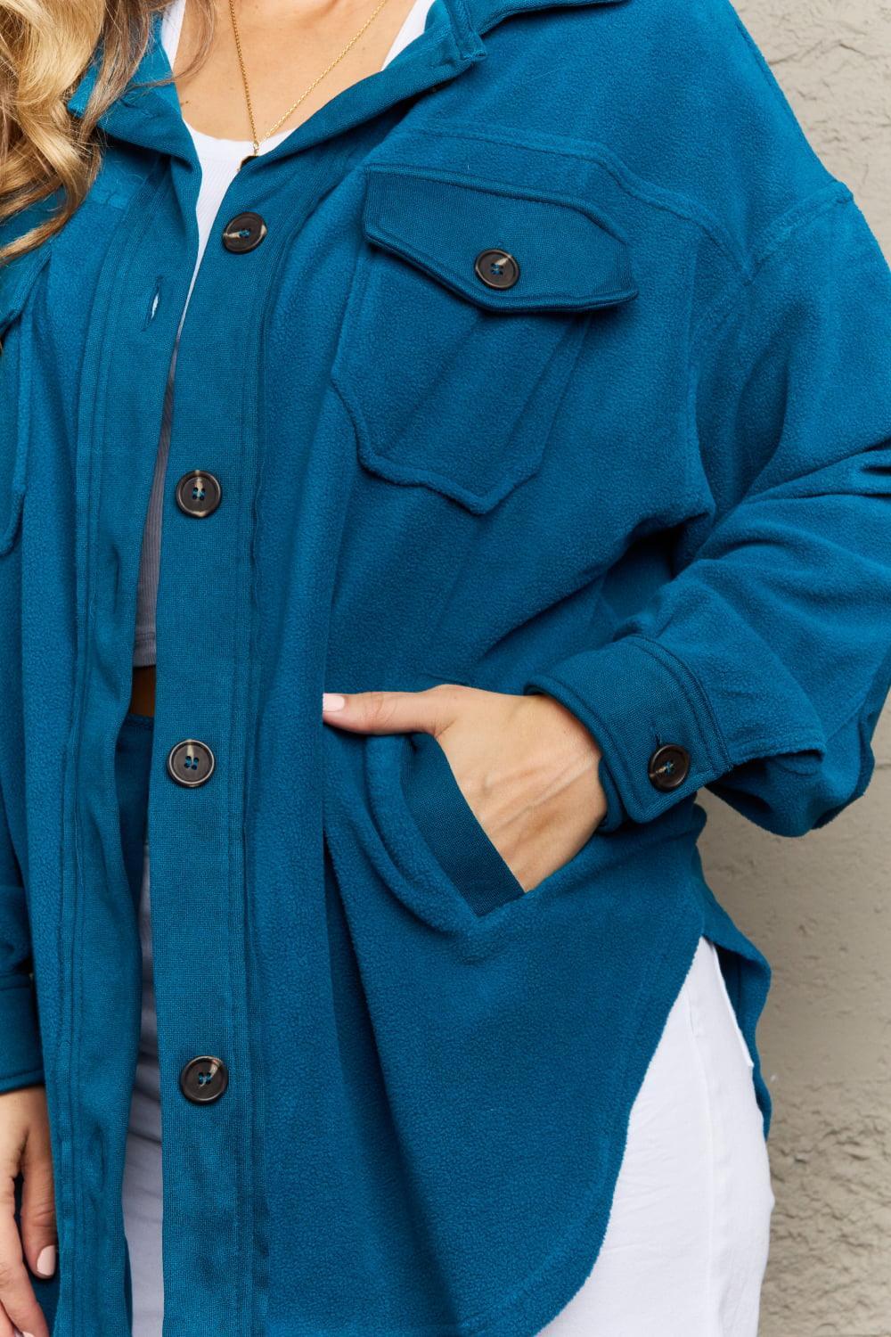 Elbow Patch Teal Fleece Plus Size Shacket - MXSTUDIO.COM