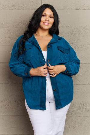 Elbow Patch Teal Fleece Plus Size Shacket - MXSTUDIO.COM