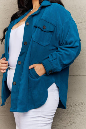 Elbow Patch Teal Fleece Plus Size Shacket - MXSTUDIO.COM