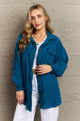 Elbow Patch Teal Fleece Plus Size Shacket - MXSTUDIO.COM