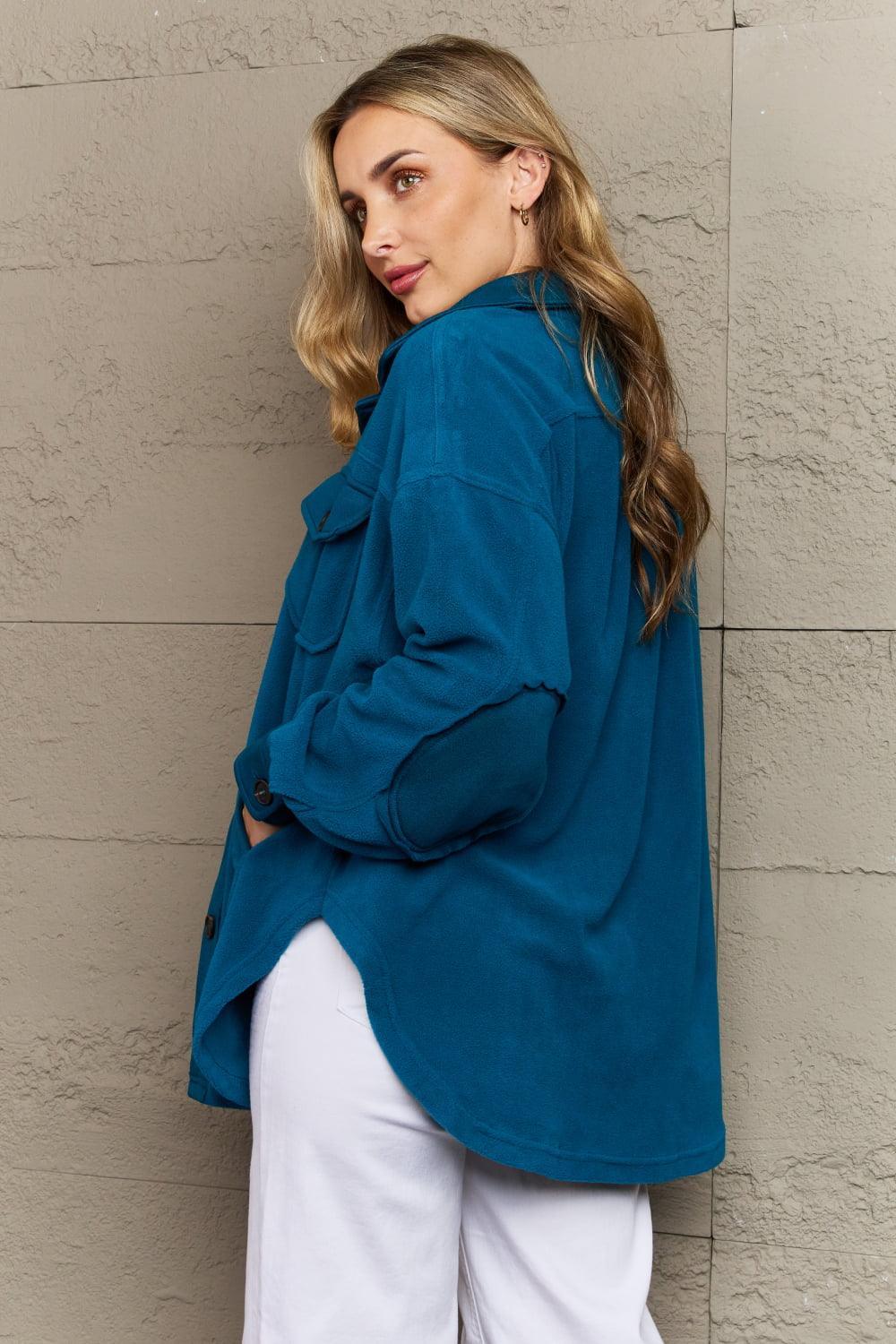 Elbow Patch Teal Fleece Plus Size Shacket - MXSTUDIO.COM