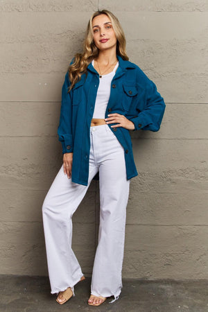 Elbow Patch Teal Fleece Plus Size Shacket - MXSTUDIO.COM