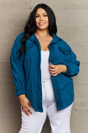 Elbow Patch Teal Fleece Plus Size Shacket - MXSTUDIO.COM