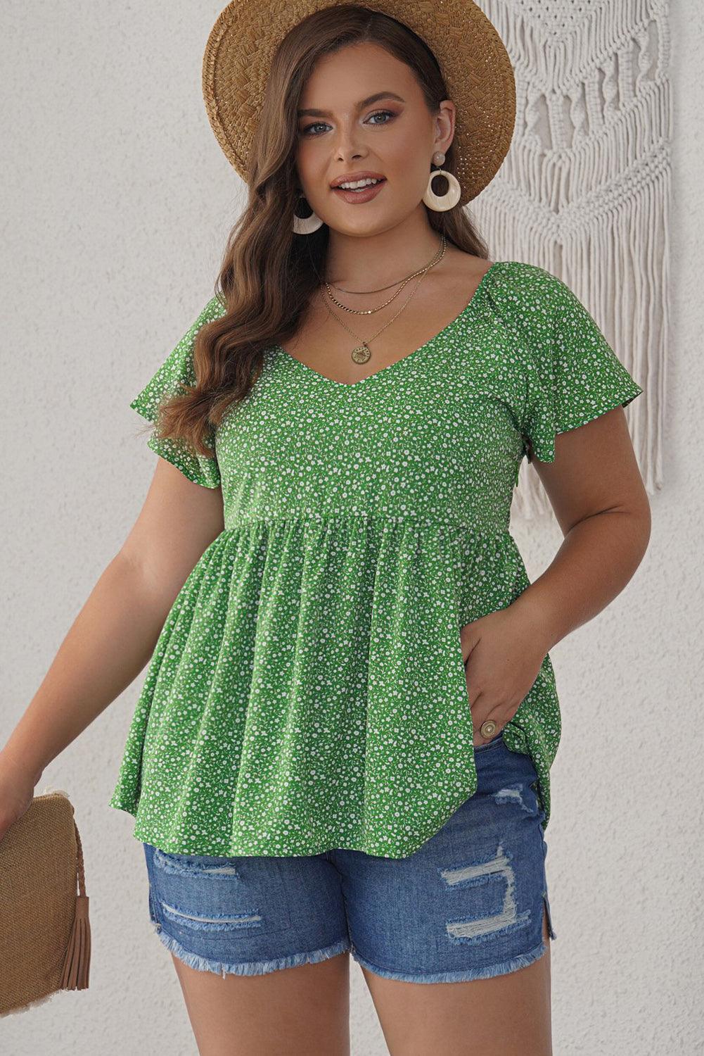 Embrace Me Mid-Green Ditsy Floral Peplum Blouse - MXSTUDIO.COM