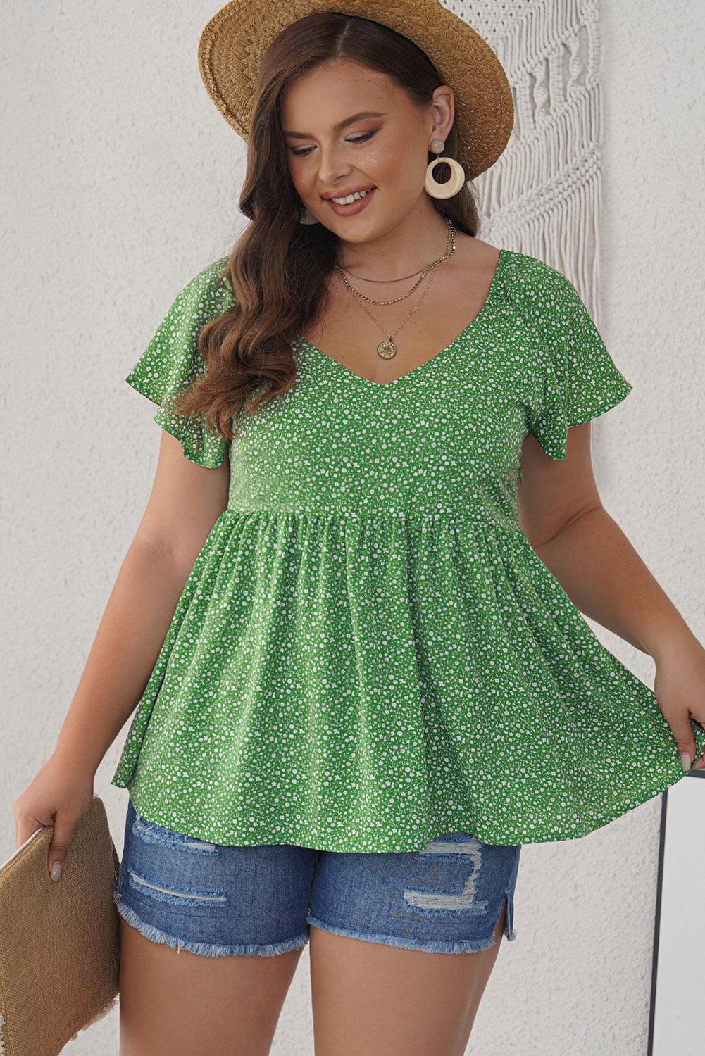 Embrace Me Mid-Green Ditsy Floral Peplum Blouse - MXSTUDIO.COM