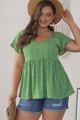 Embrace Me Mid-Green Ditsy Floral Peplum Blouse - MXSTUDIO.COM