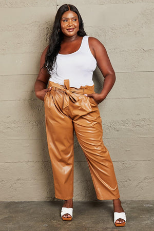 Empowered Self Paper Bag Waist Plus Size Faux Leather Pants - MXSTUDIO.COM