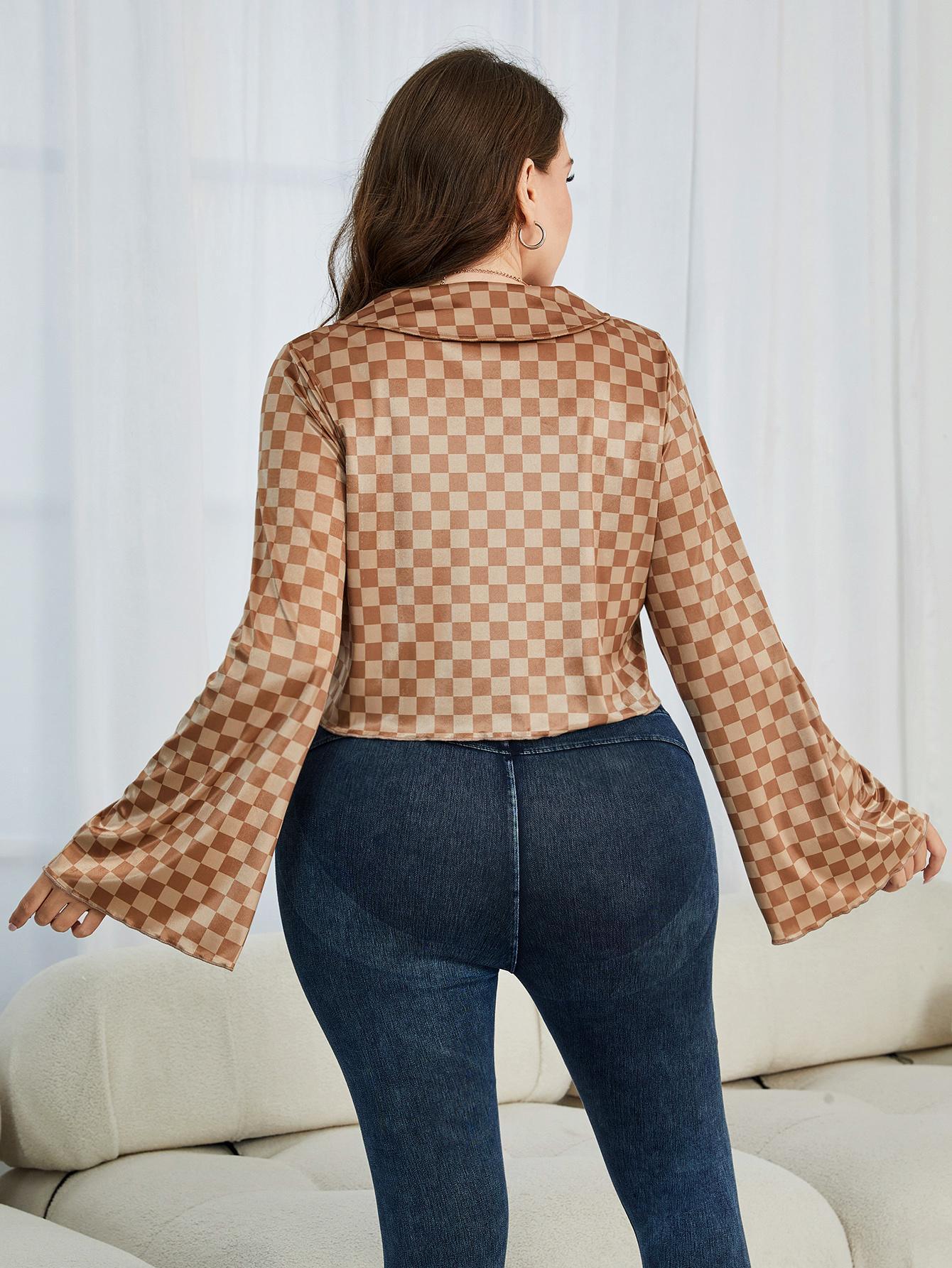 Enamoring Checkered Plus Size Long Sleeve Top - MXSTUDIO.COM