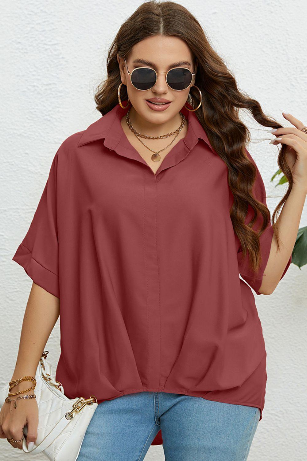 Endearing Collared Neck Plus Size Half Sleeve Top - MXSTUDIO.COM