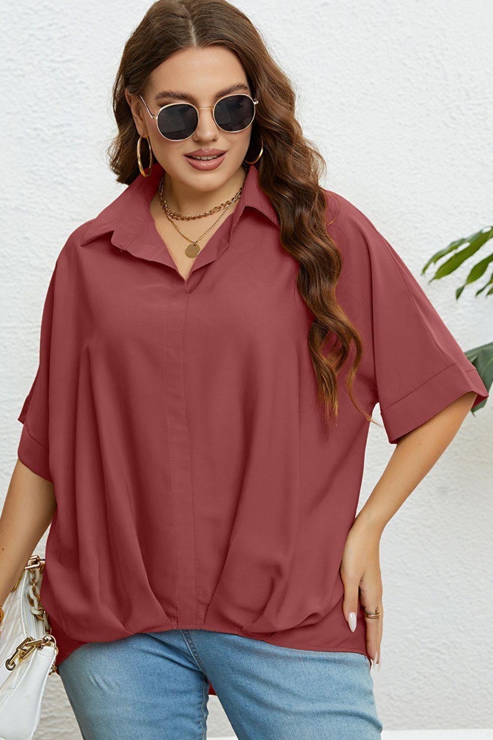 Endearing Collared Neck Plus Size Half Sleeve Top - MXSTUDIO.COM