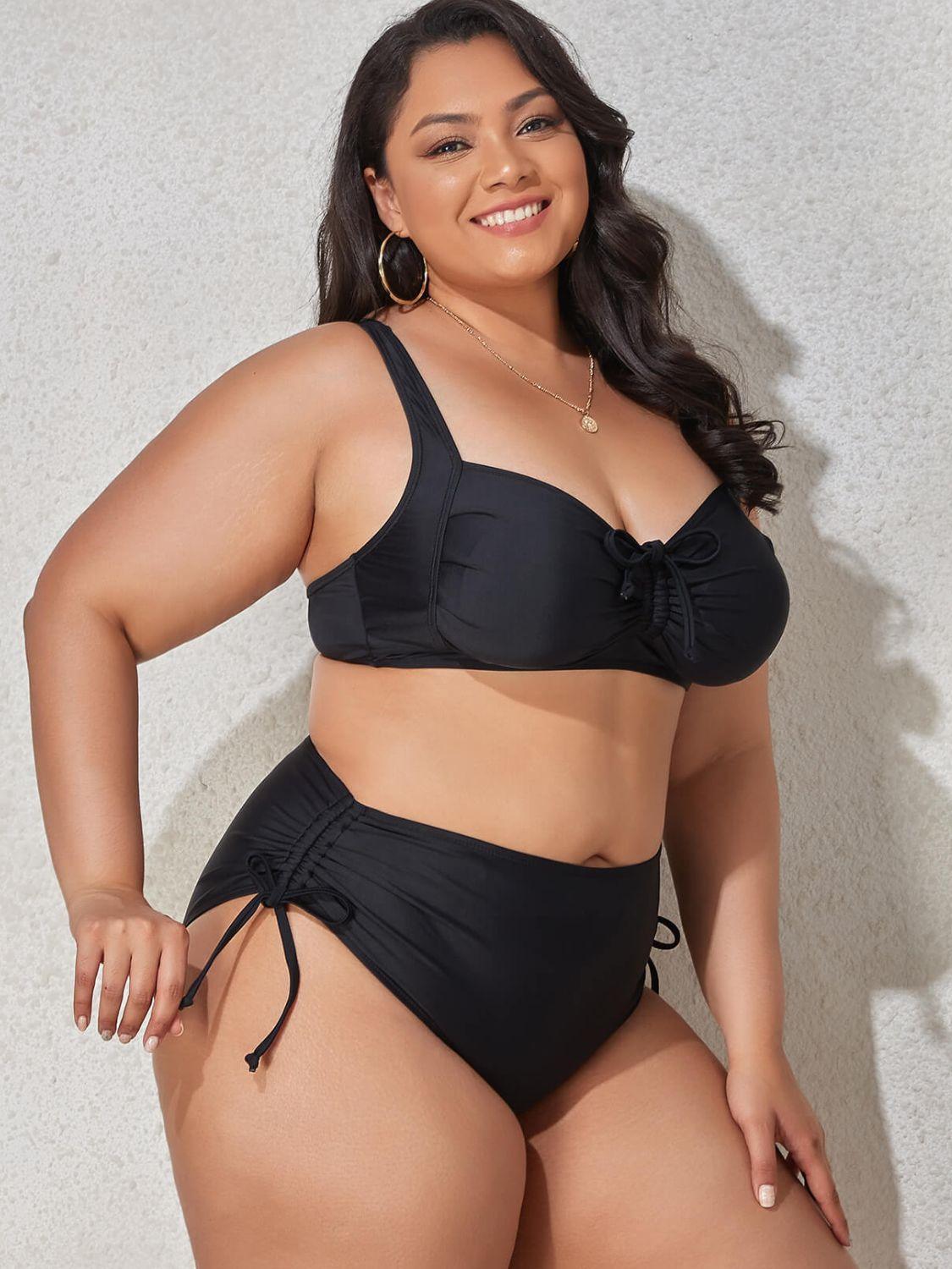 Enhanced Solid Printed Plus Size Two Piece Bikini - MXSTUDIO.COM