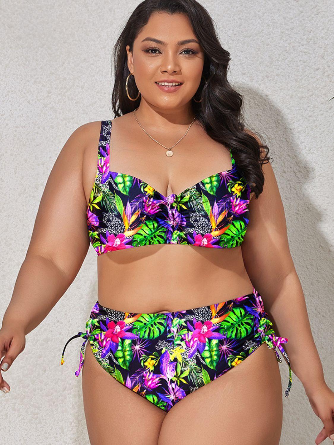 Enhanced Solid Printed Plus Size Two Piece Bikini - MXSTUDIO.COM