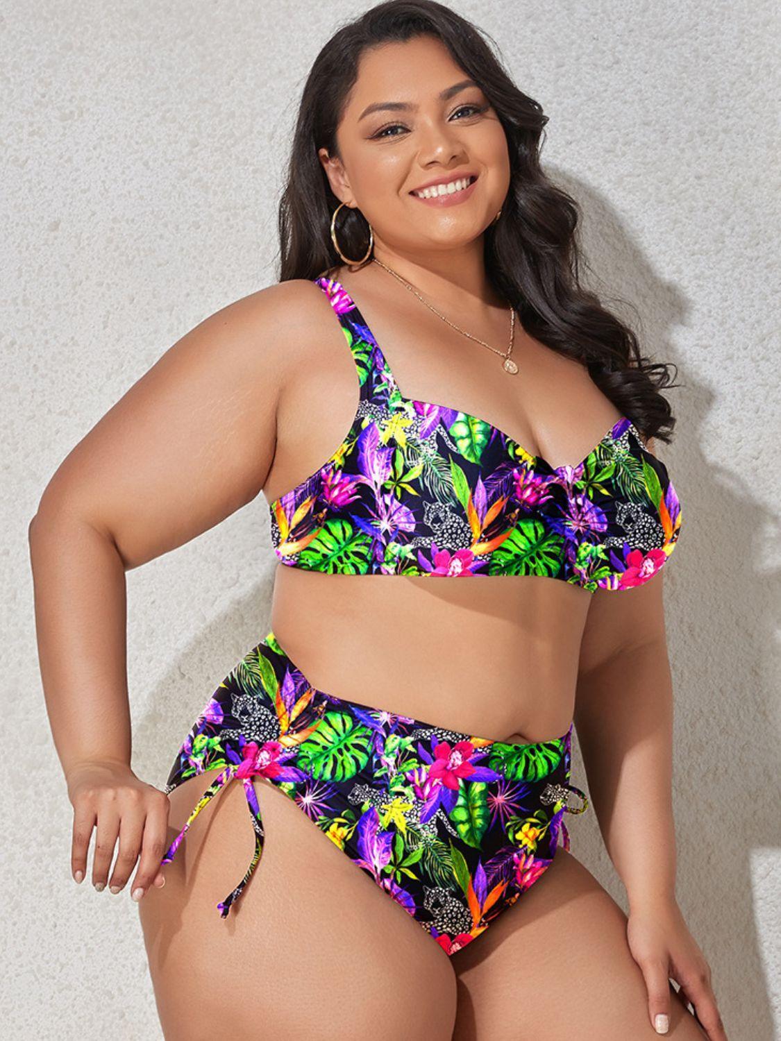 Enhanced Solid Printed Plus Size Two Piece Bikini - MXSTUDIO.COM