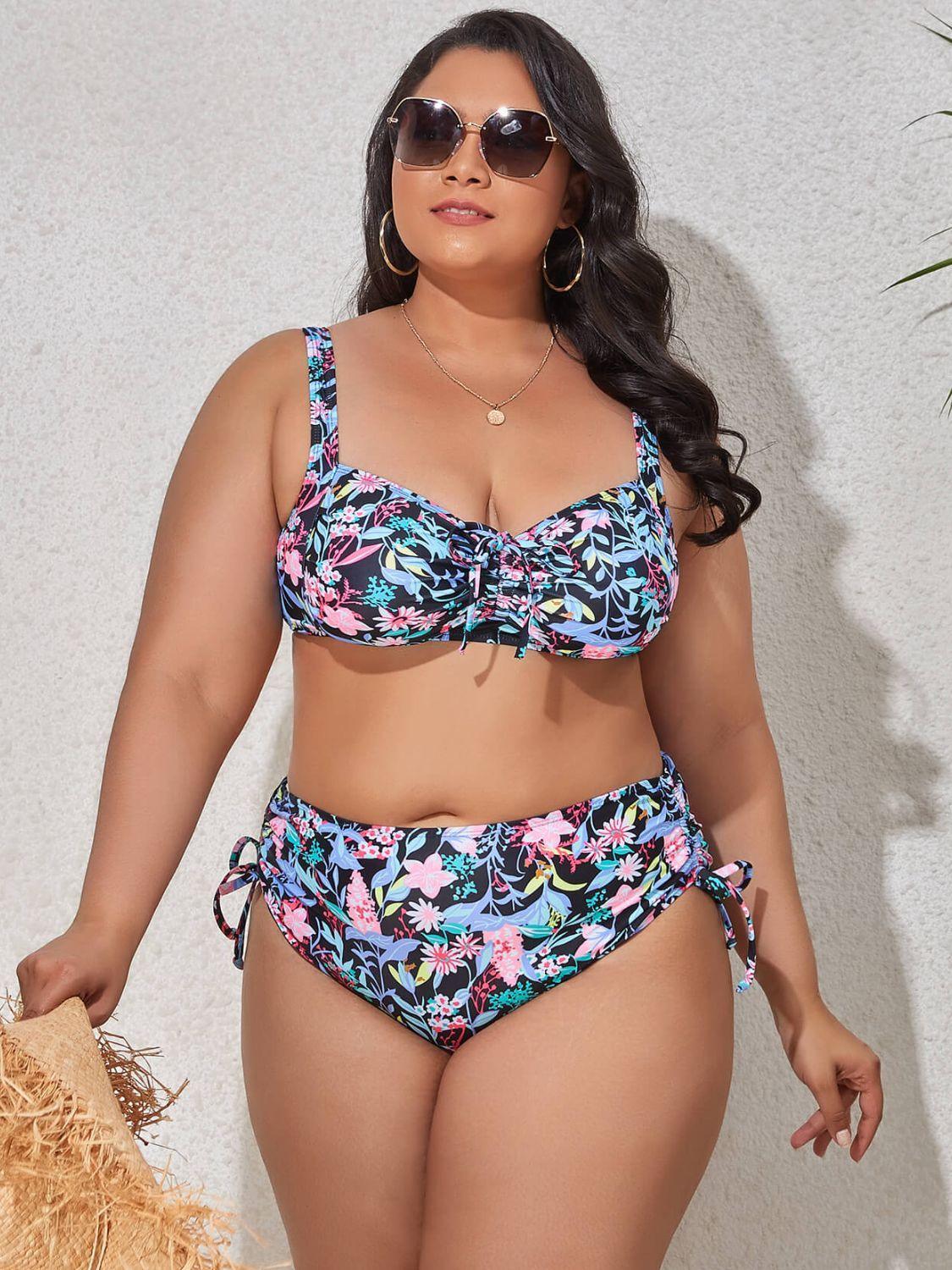 Enhanced Solid Printed Plus Size Two Piece Bikini - MXSTUDIO.COM