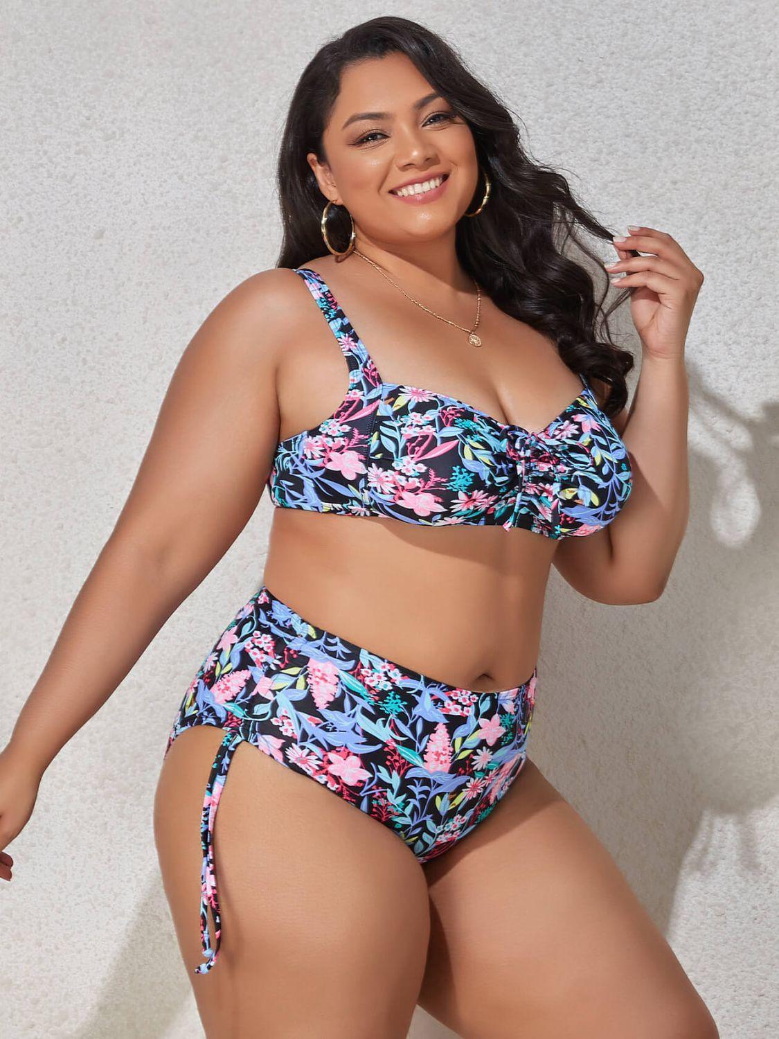 Enhanced Solid Printed Plus Size Two Piece Bikini - MXSTUDIO.COM