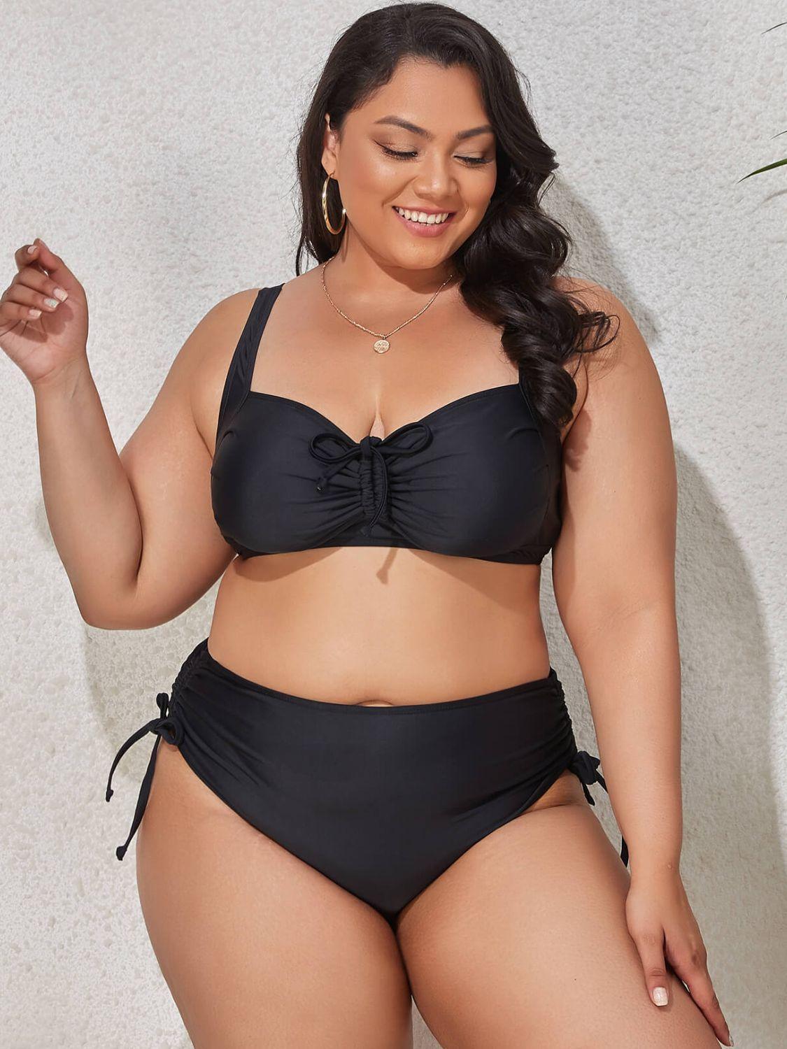 Enhanced Solid Printed Plus Size Two Piece Bikini - MXSTUDIO.COM