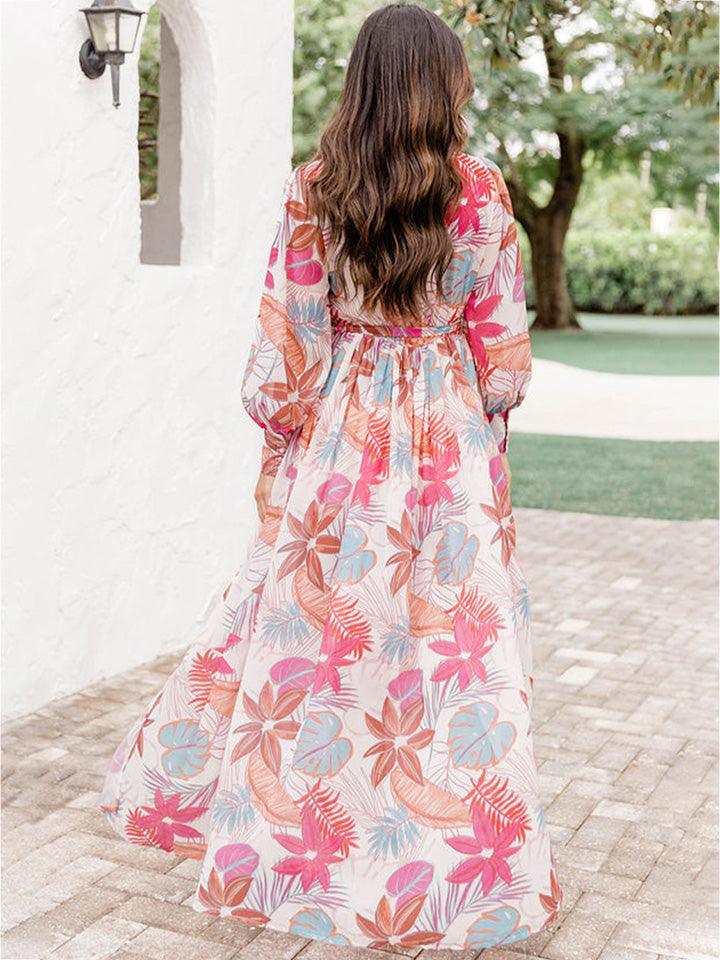 Enriching Printed Slit Detail Plus Size V Neck Dress - MXSTUDIO.COM