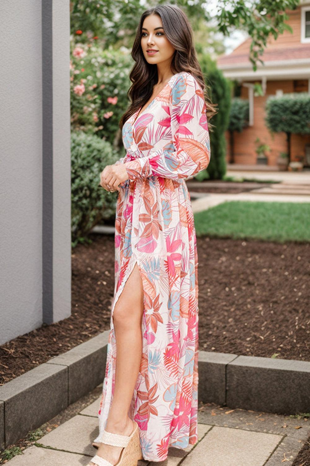 Enriching Printed Slit Detail Plus Size V Neck Dress - MXSTUDIO.COM