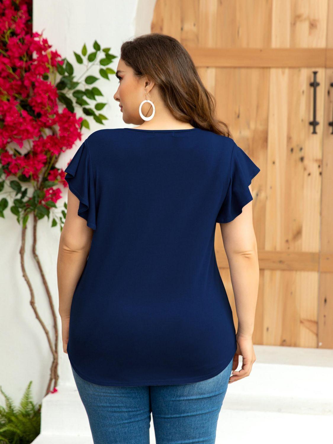 Enthusiastic Round Neck Plus Size Flutter Sleeve Top - MXSTUDIO.COM