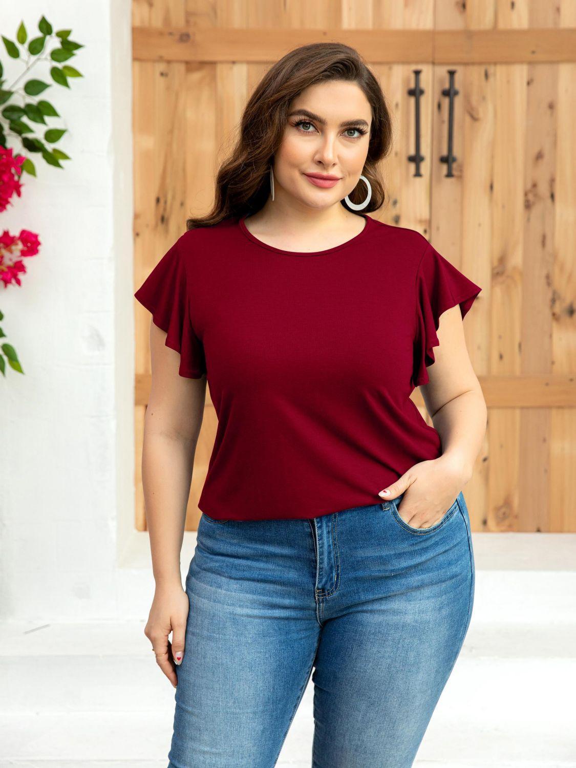 Enthusiastic Round Neck Plus Size Flutter Sleeve Top - MXSTUDIO.COM